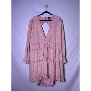 Rue21 Pink White Polka Dots Printed Ruffle Babydoll Dress Open Back Long Sleeve